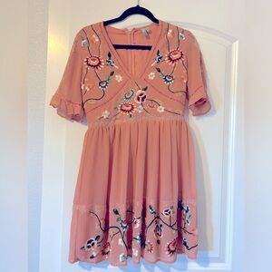 Pink, floral embroidered dress with lace detail